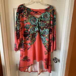 Reborn Dress Women’s Size 3X Floral Pink Asymmetrical 3/4 Sleeve Shift